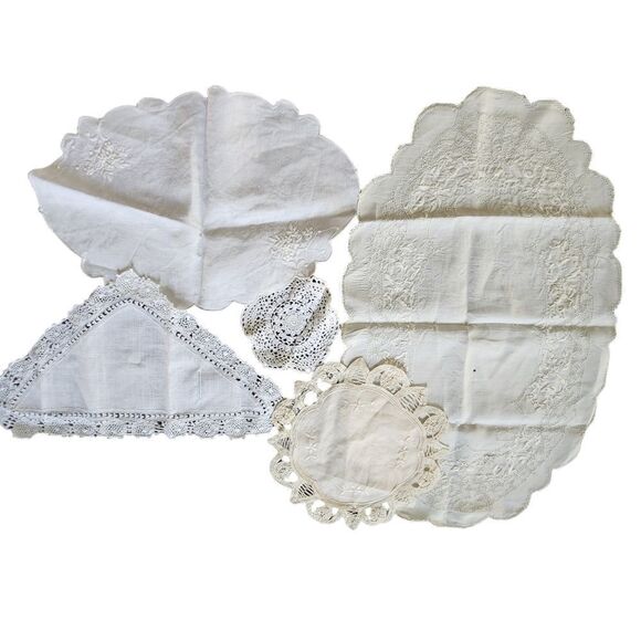 Vintage Doily Lot of 5 White Ecru Lace Battenburg Small Table Top - Picture 1 of 8